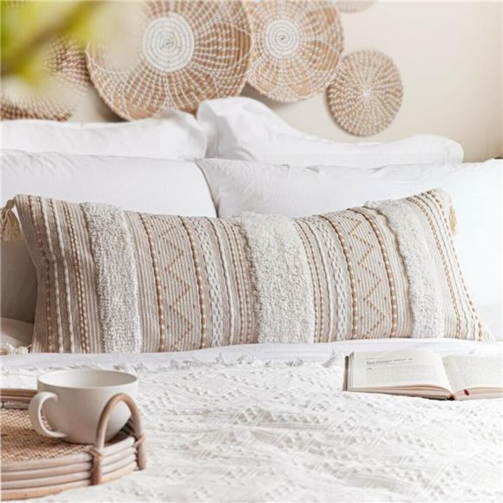 Stylish Boho Long Pillow Cover Cream 14x36 Textured Lumbar